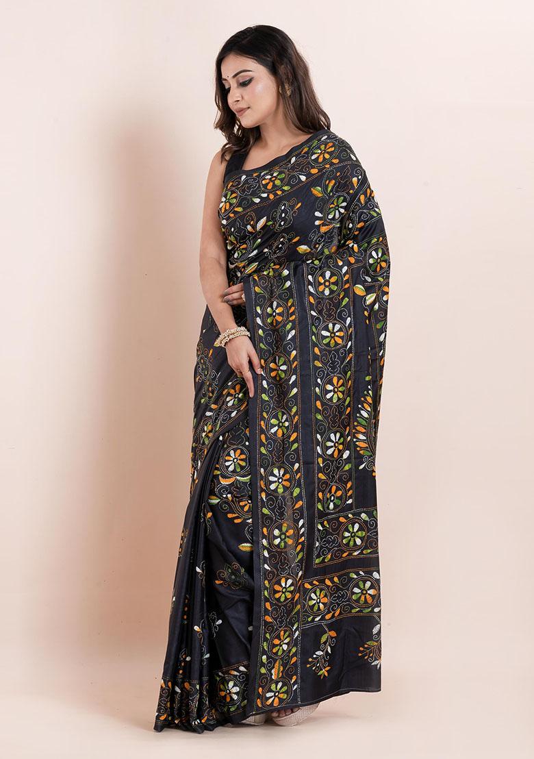 Black Kantha Work Blended Silk Saree Set