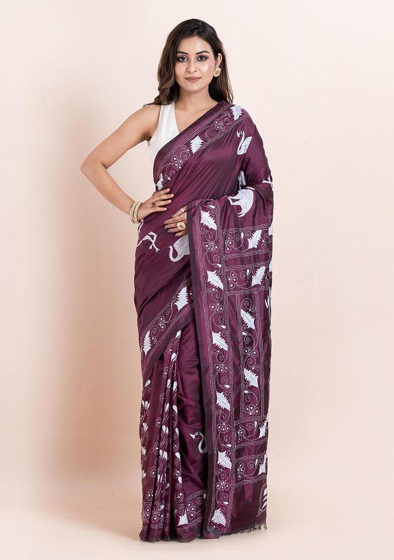 Magenta Pink Kantha Work Blended Silk Saree Set