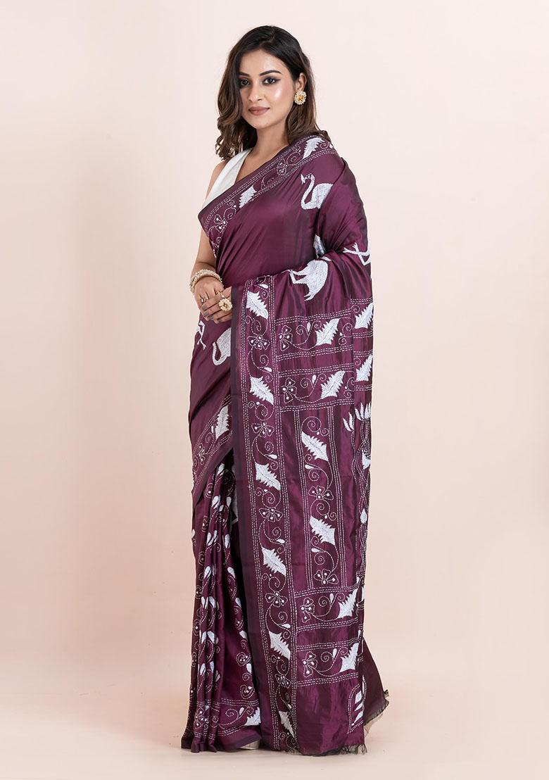 Magenta Pink Kantha Work Blended Silk Saree Set