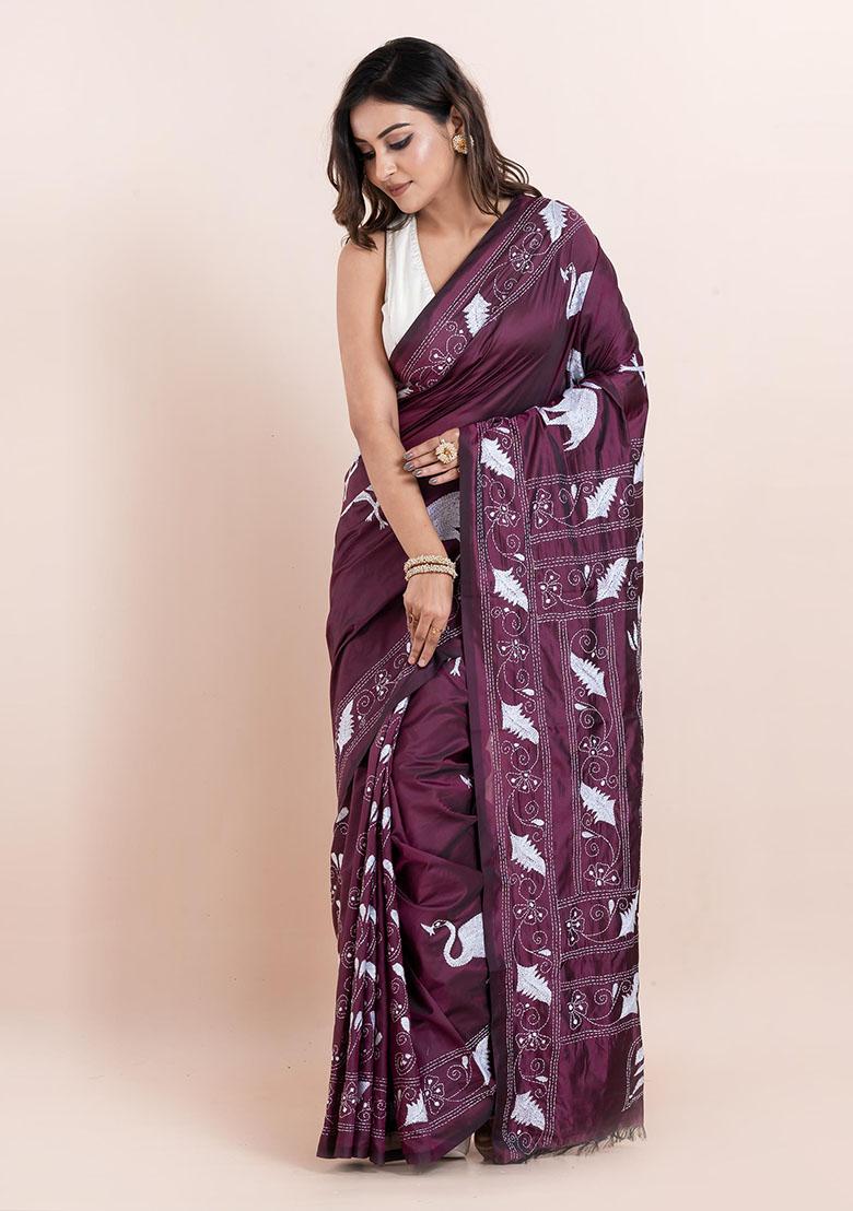 Magenta Pink Kantha Work Blended Silk Saree Set