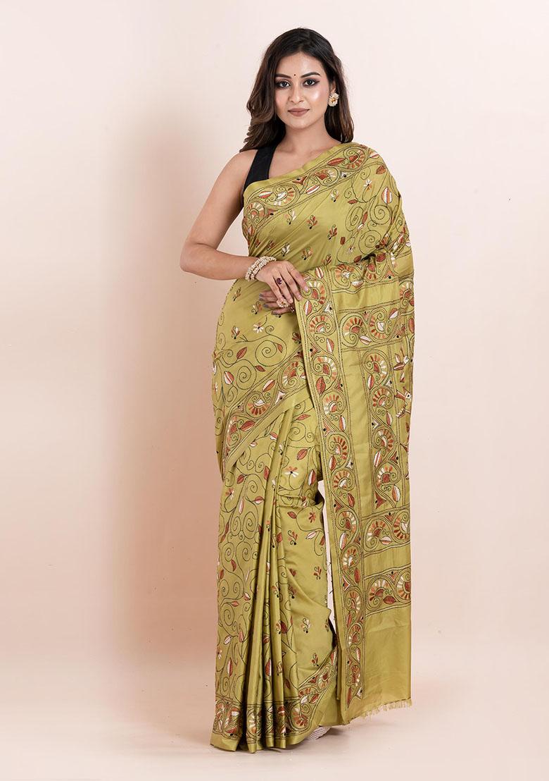 Lime Green Kantha Work Blended Silk Saree Set