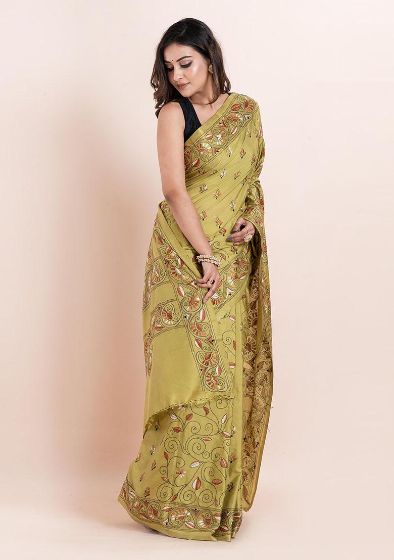 Lime Green Kantha Work Blended Silk Saree Set