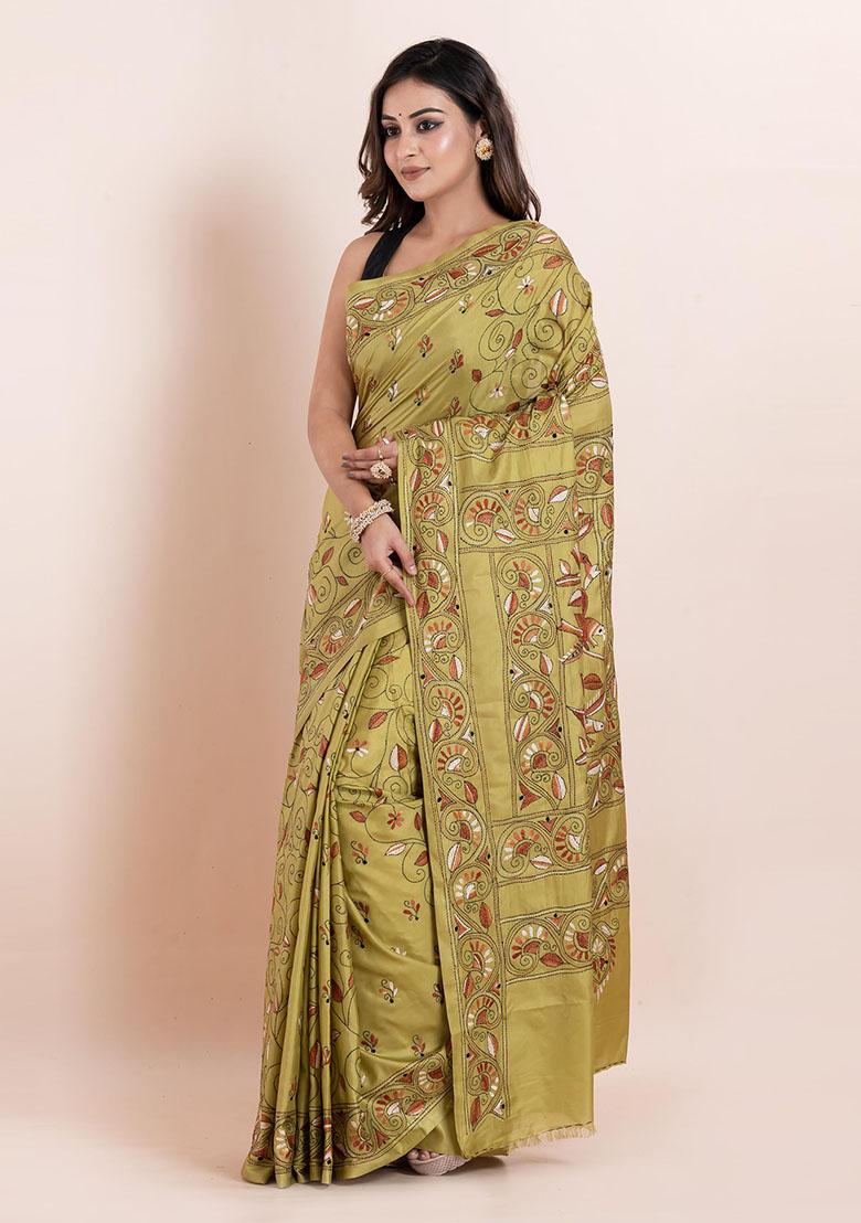 Lime Green Kantha Work Blended Silk Saree Set