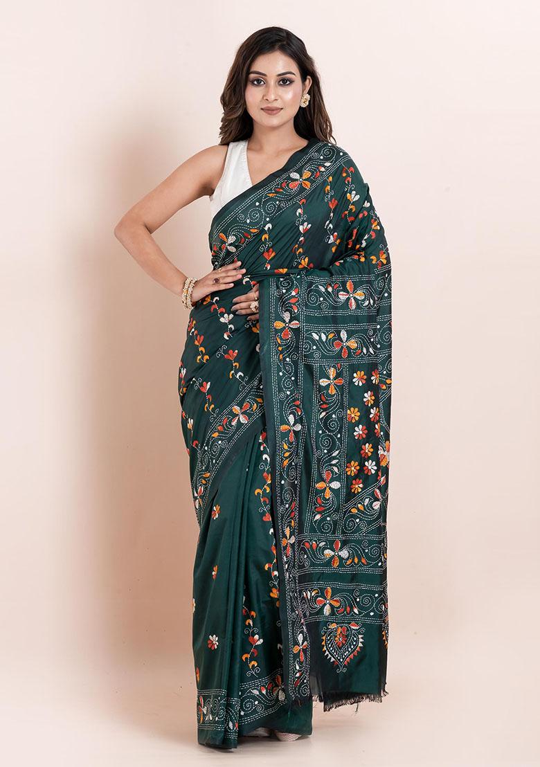 Green Kantha Work Blended Silk Saree Set