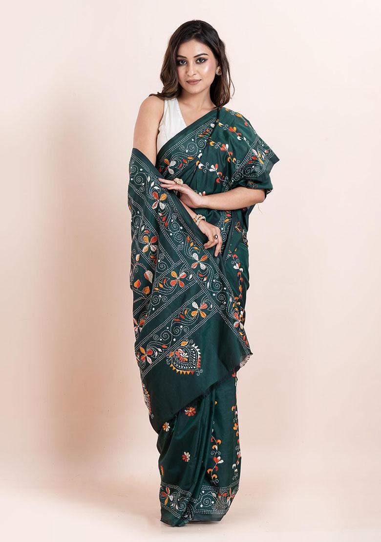 Green Kantha Work Blended Silk Saree Set
