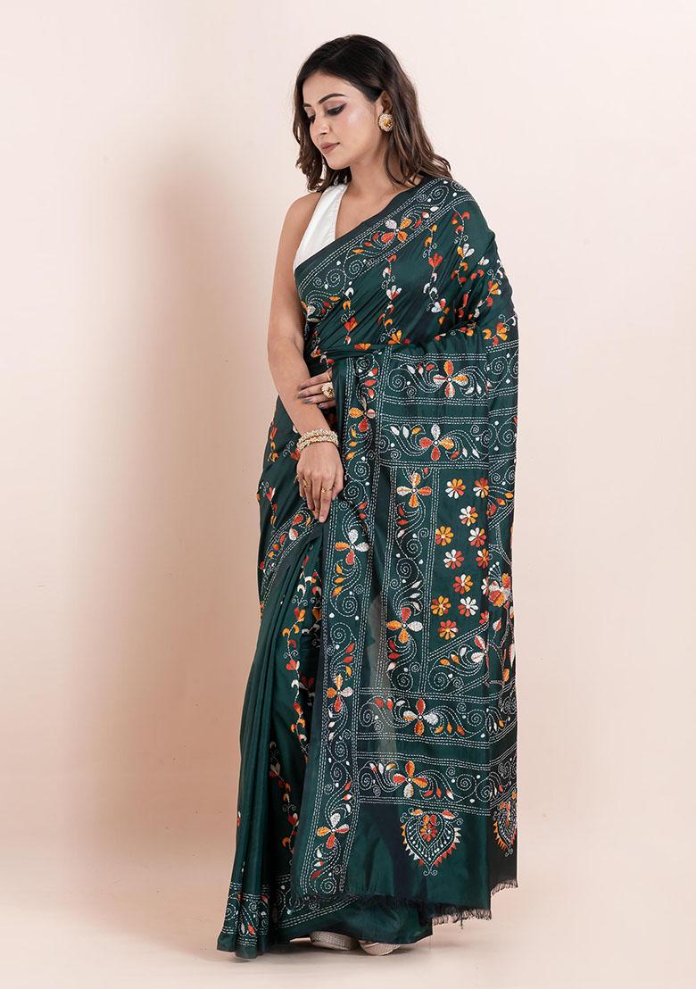 Green Kantha Work Blended Silk Saree Set