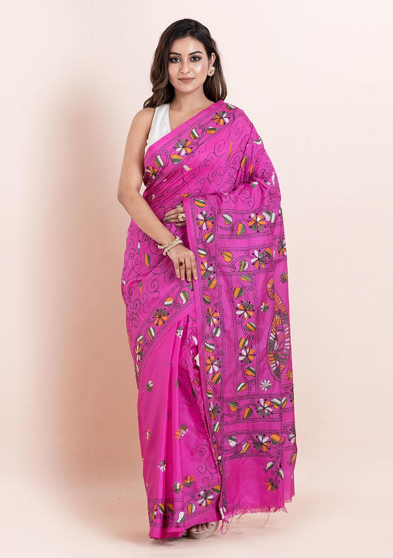 Pink Kantha Work Blended Silk Saree Set