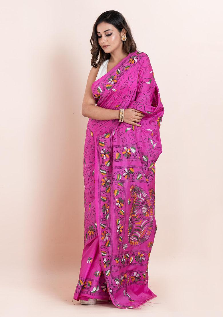 Pink Kantha Work Blended Silk Saree Set