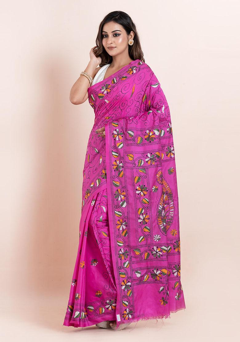 Pink Kantha Work Blended Silk Saree Set