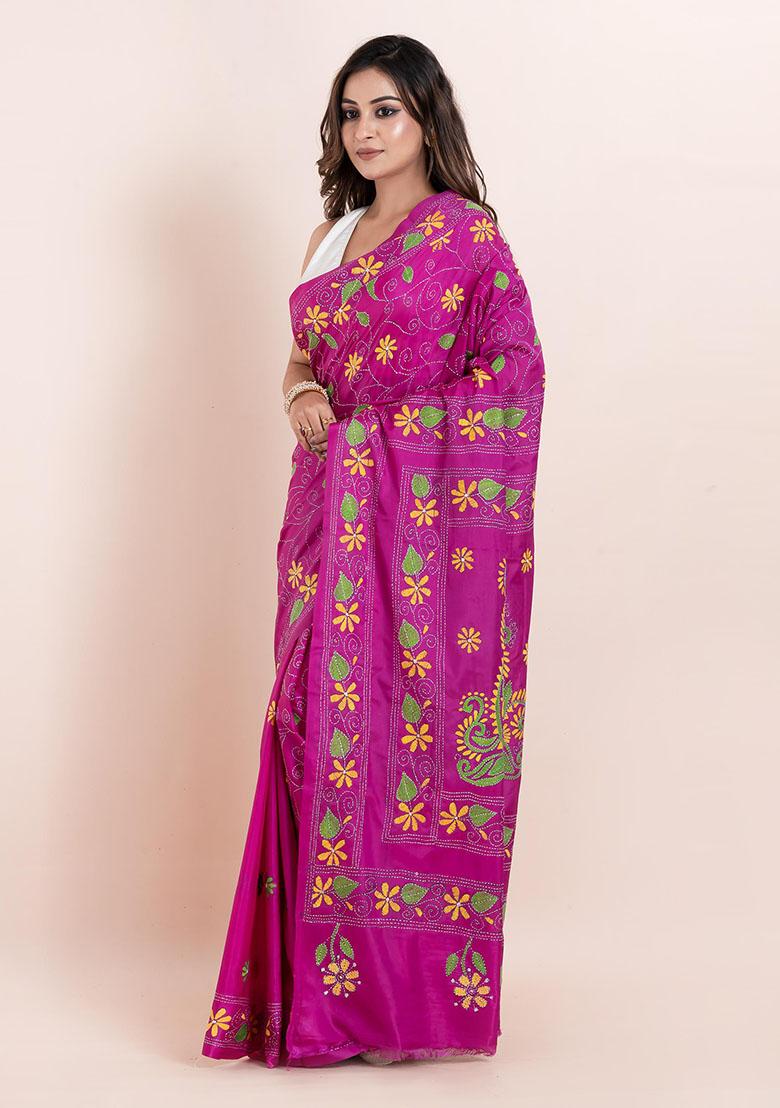 Pink Kantha Work Blended Silk Saree Set