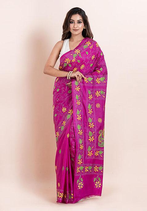 Pink Kantha Work Blended Silk Saree Set