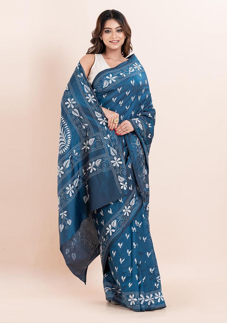 Blue Kantha Work Blended Silk Saree Set