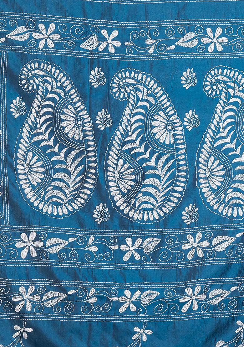 Blue Kantha Work Blended Silk Saree Set