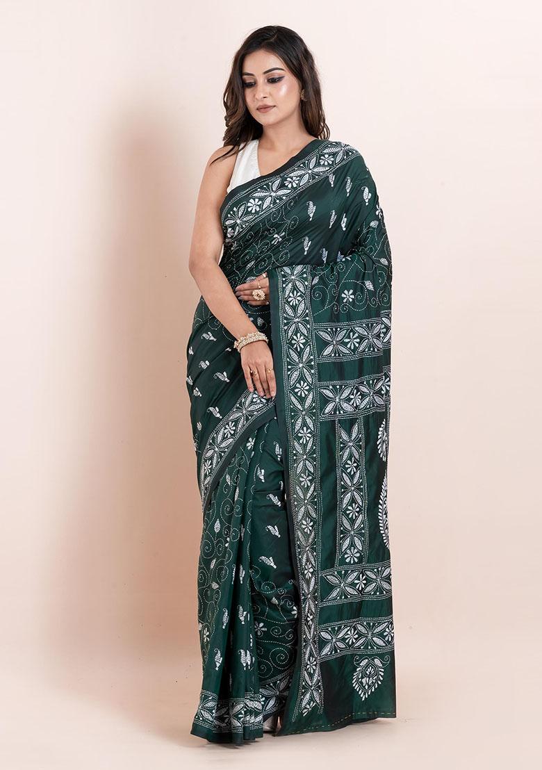 Green Kantha Work Blended Silk Saree Set