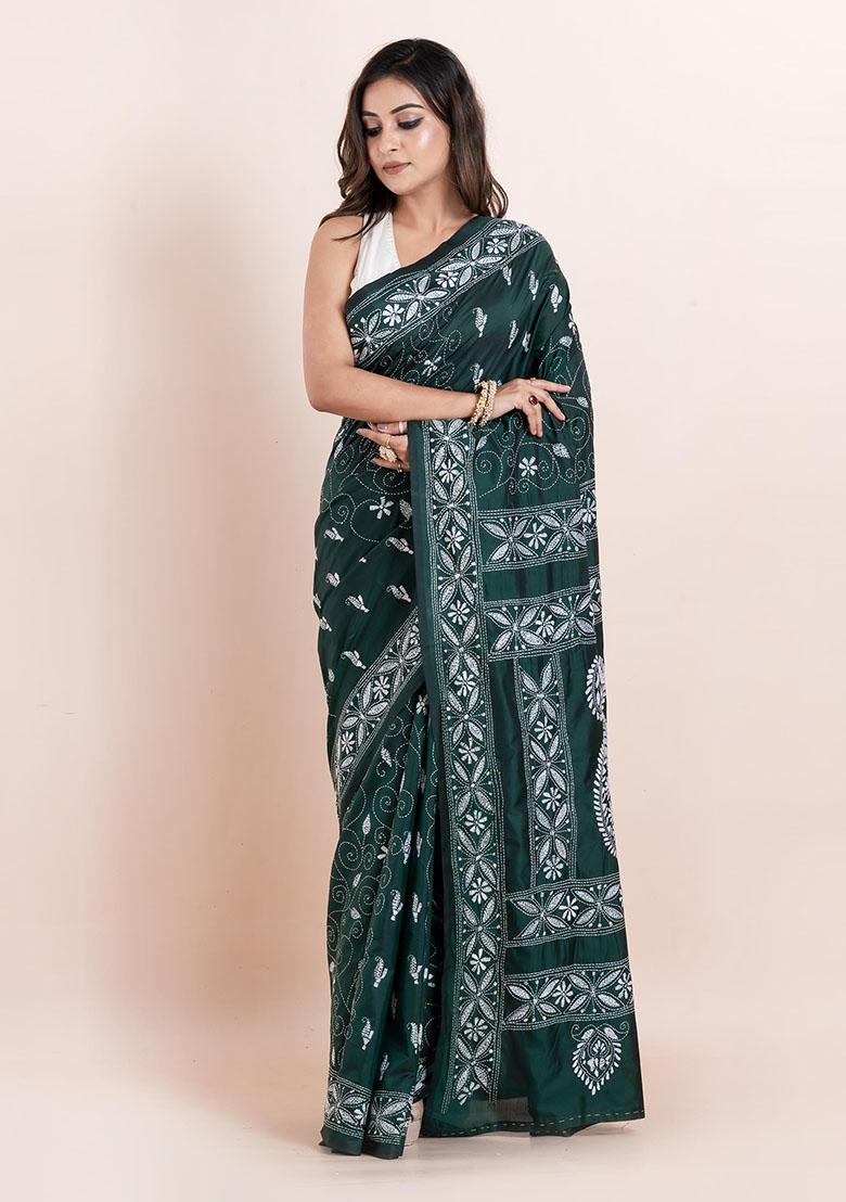 Green Kantha Work Blended Silk Saree Set