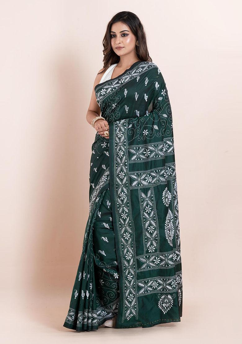 Green Kantha Work Blended Silk Saree Set
