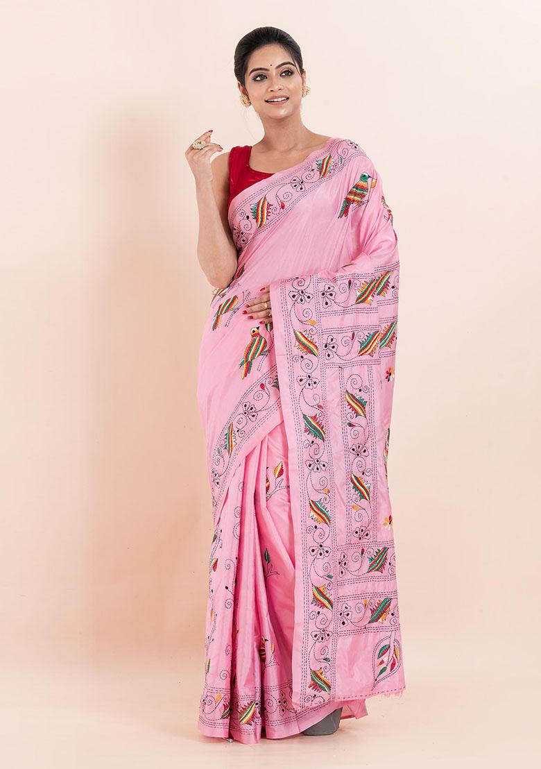 Pink Kantha Work Blended Silk Saree Set
