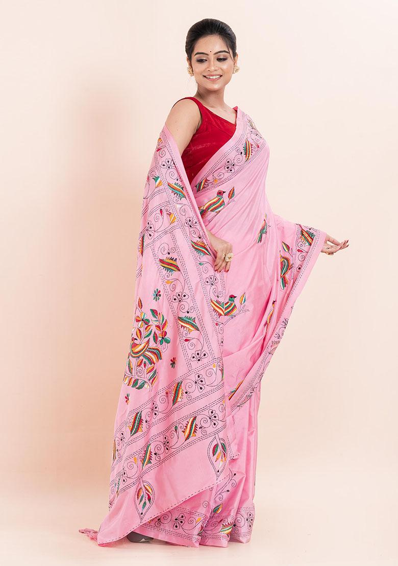 Pink Kantha Work Blended Silk Saree Set
