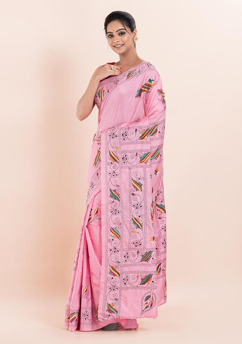 Pink Kantha Work Blended Silk Saree Set