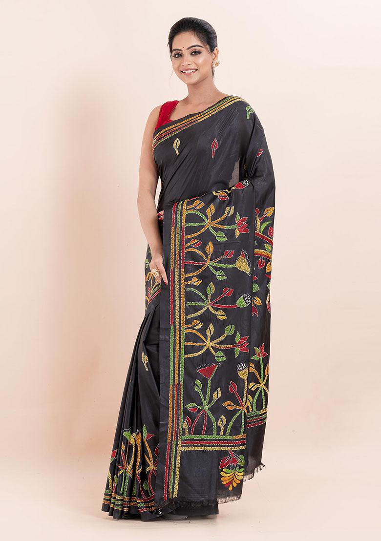 Black Kantha Work Blended Silk Saree Set