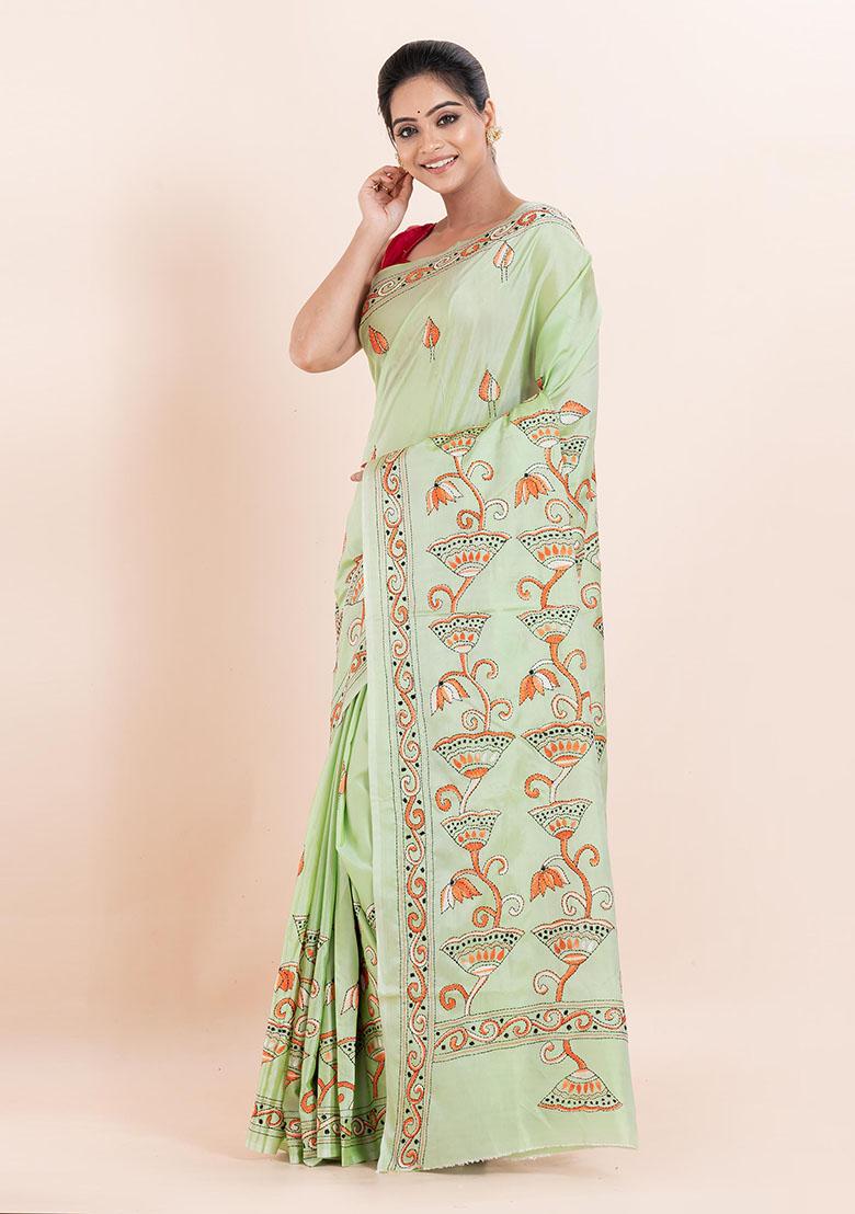 Green Kantha Work Blended Silk Saree Set