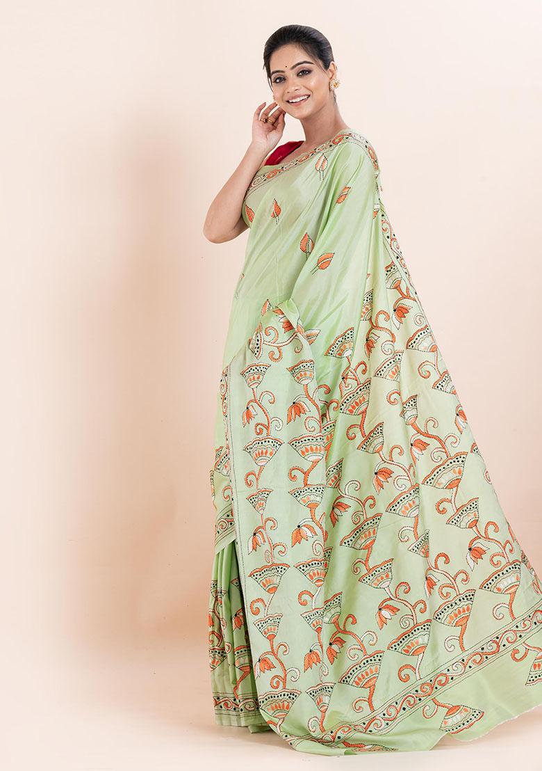 Green Kantha Work Blended Silk Saree Set