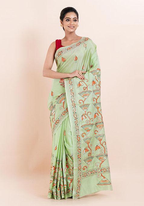 Green Kantha Work Blended Silk Saree Set