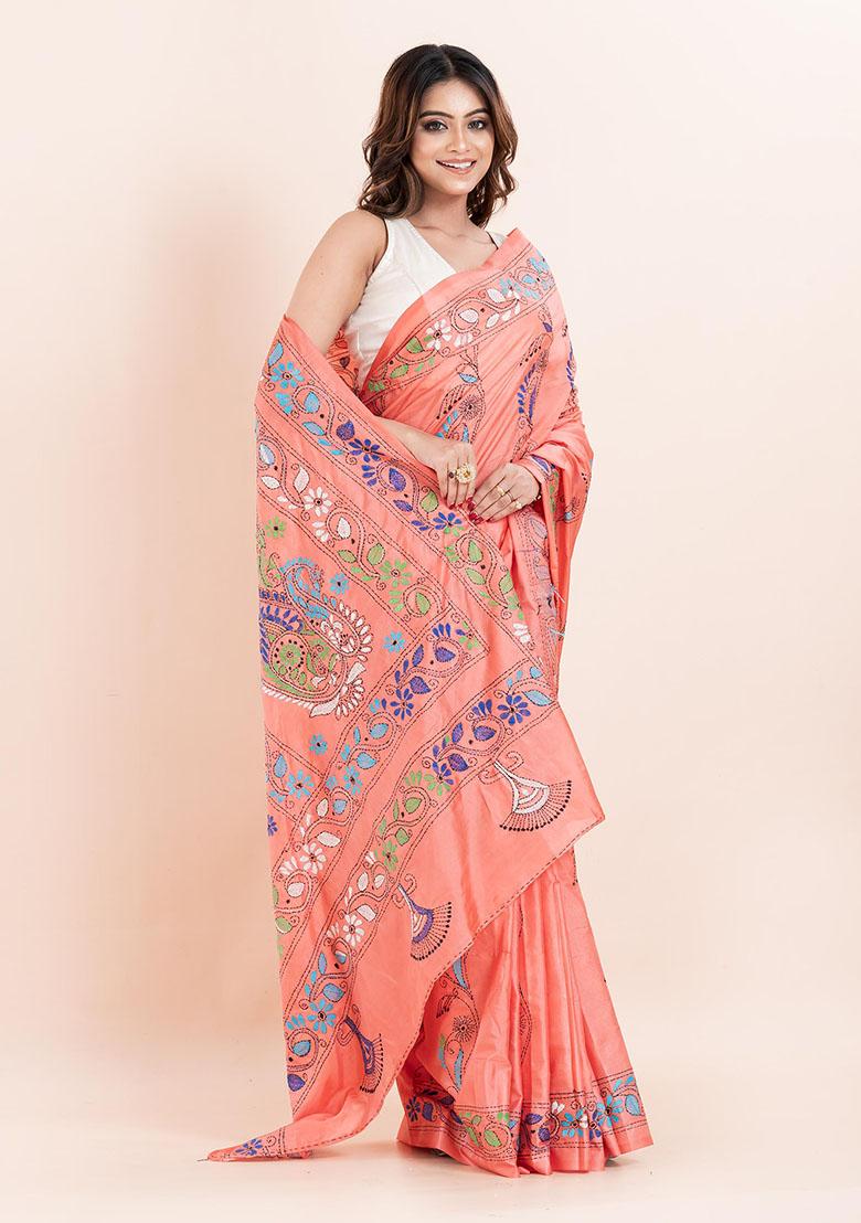Peach Kantha Work Blended Silk Saree Set