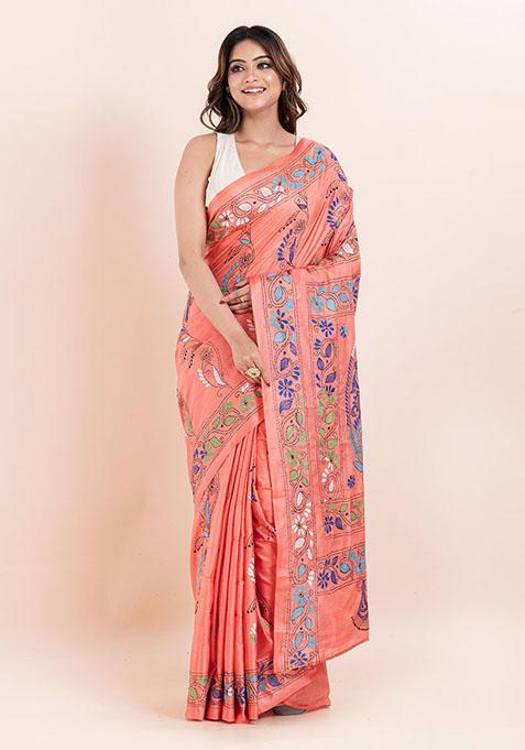Peach Kantha Work Blended Silk Saree Set