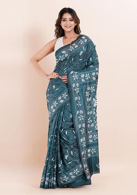 Turquoise Kantha Work Blended Silk Saree Set