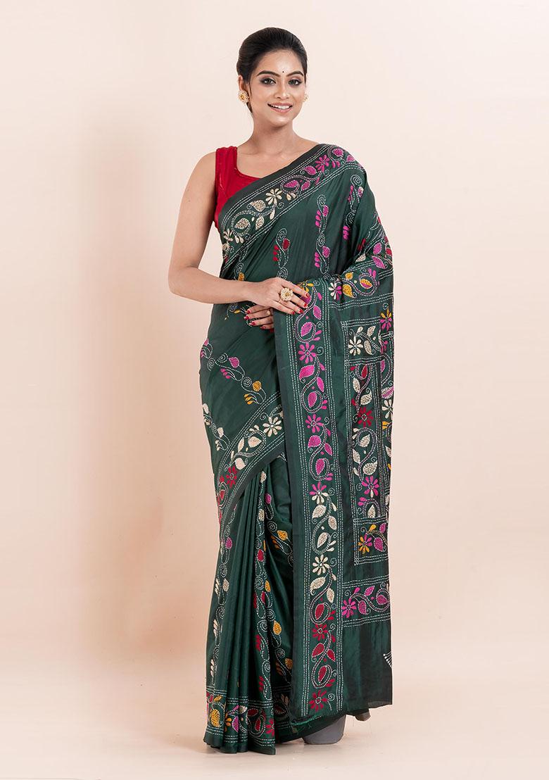Green Kantha Work Blended Silk Saree Set