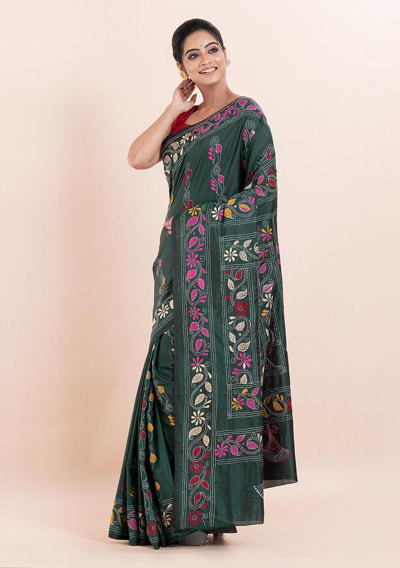 Green Kantha Work Blended Silk Saree Set