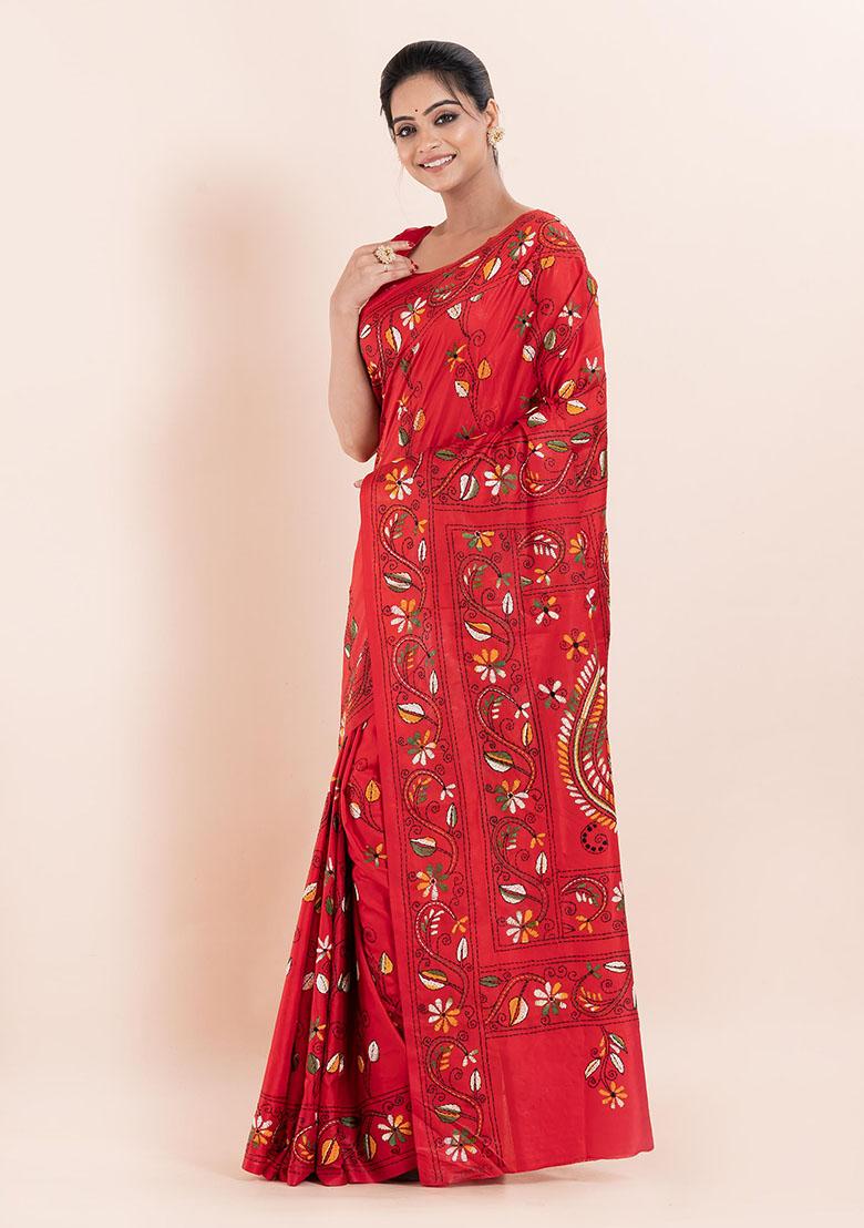 Red Kantha Work Blended Silk Saree Set