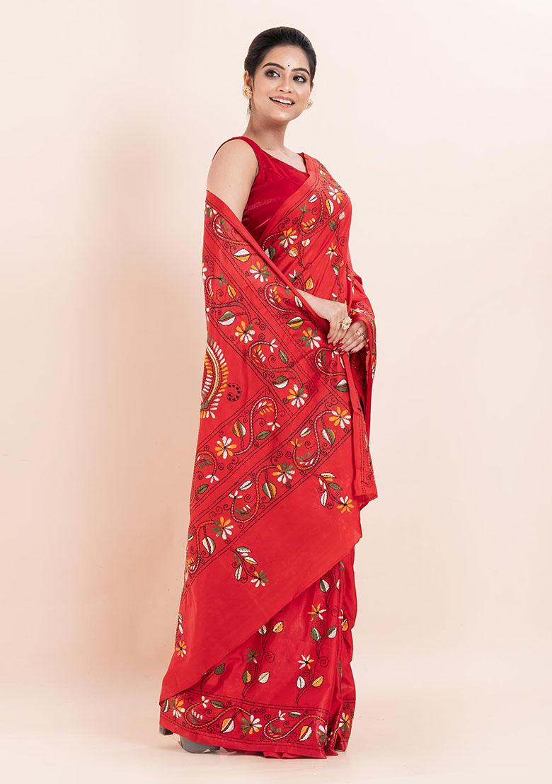 Red Kantha Work Blended Silk Saree Set