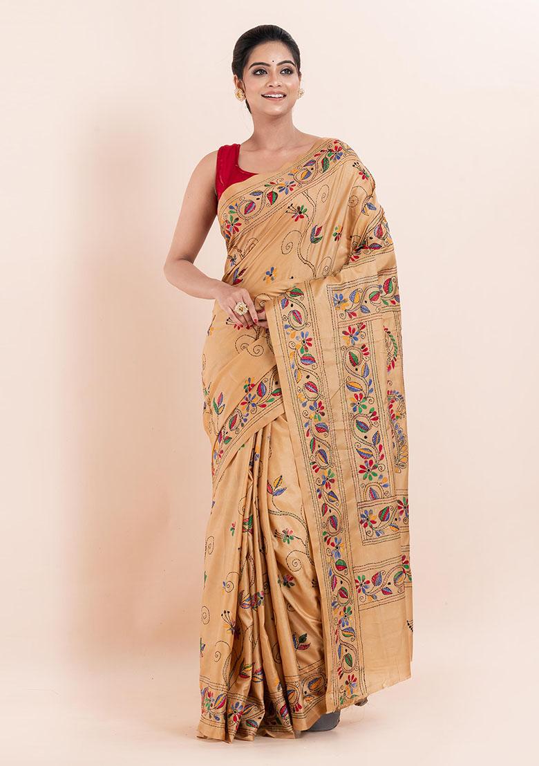 Beige Kantha Work Blended Silk Saree Set
