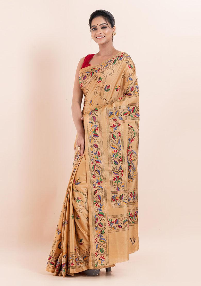 Beige Kantha Work Blended Silk Saree Set