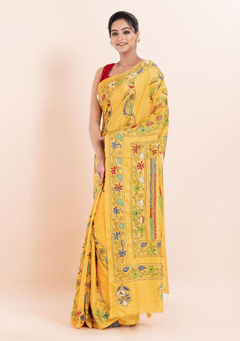 Yellow Kantha Work Blended Silk Saree Set