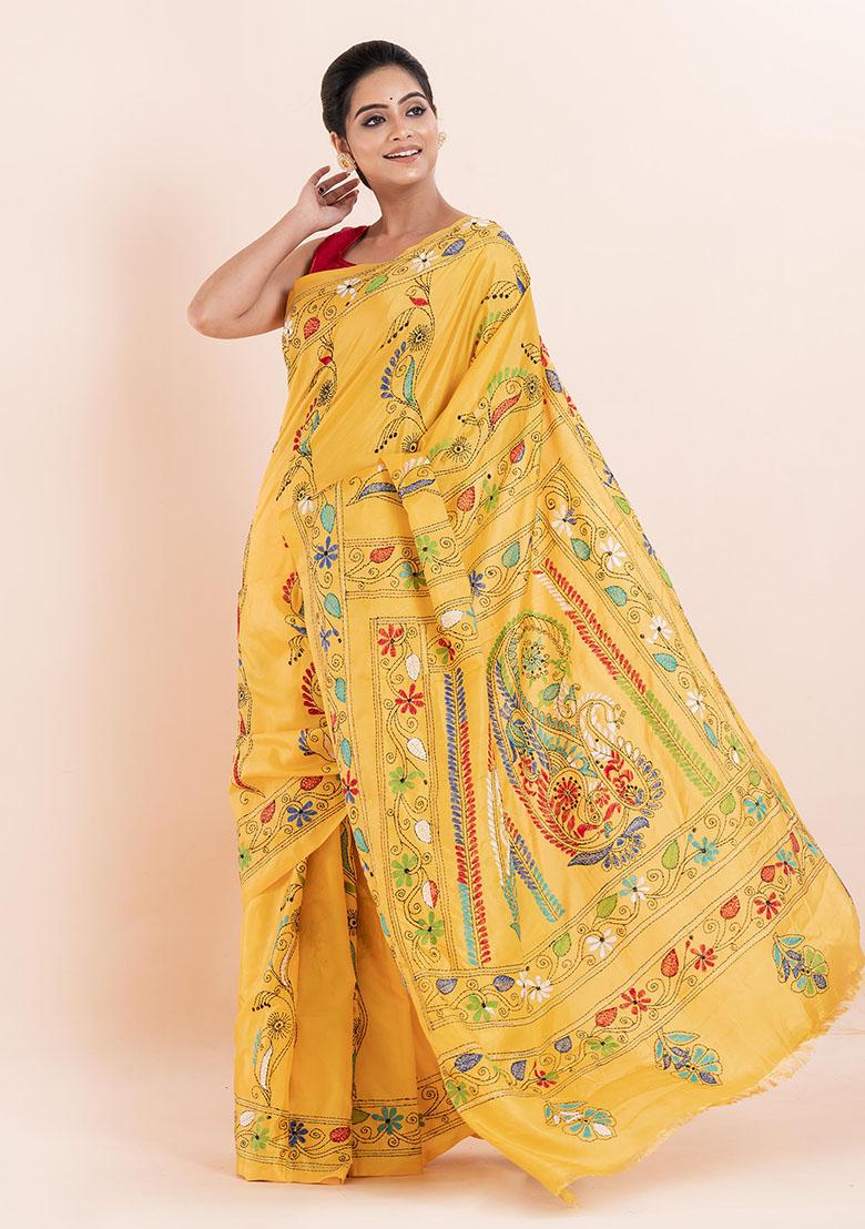 Yellow Kantha Work Blended Silk Saree Set