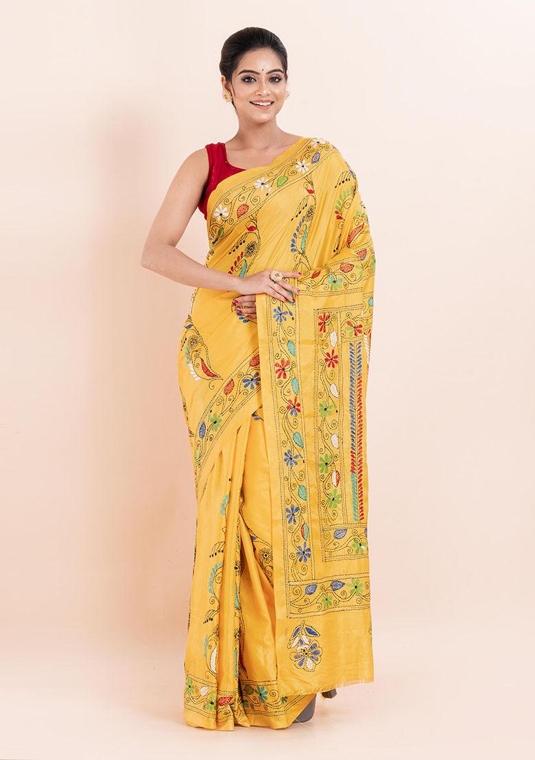 Yellow Kantha Work Blended Silk Saree Set