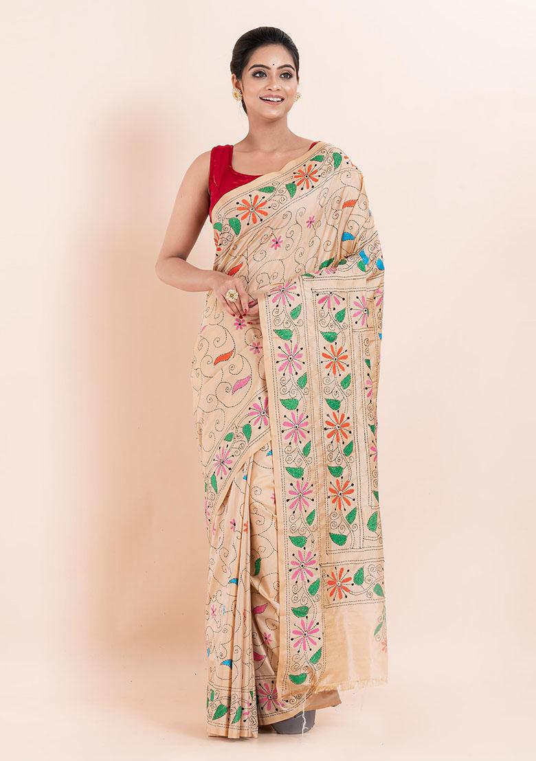 Beige Kantha Work Blended Silk Saree Set
