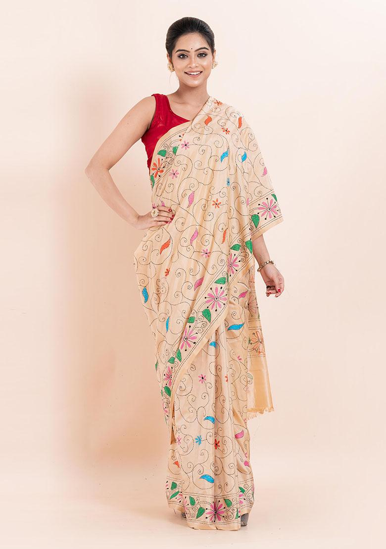 Beige Kantha Work Blended Silk Saree Set