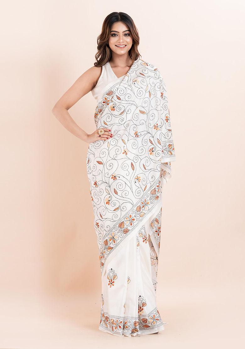 White Kantha Work Blended Silk Saree Set