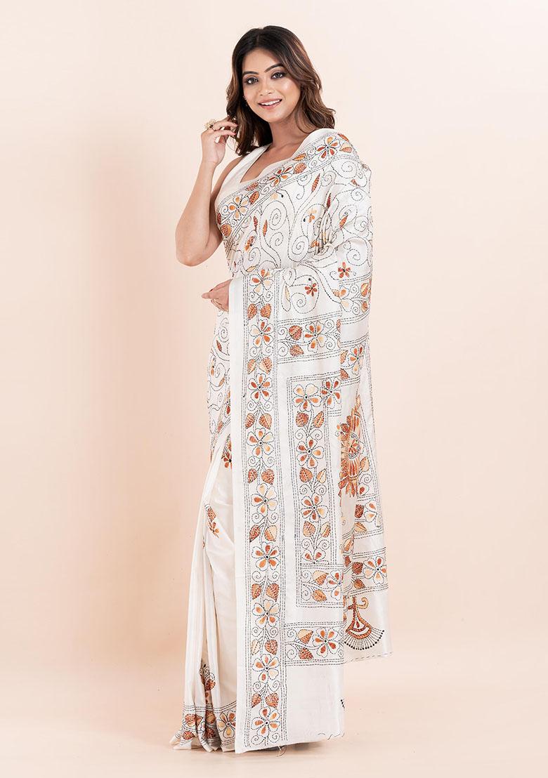 White Kantha Work Blended Silk Saree Set