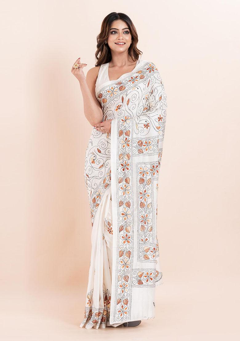 White Kantha Work Blended Silk Saree Set