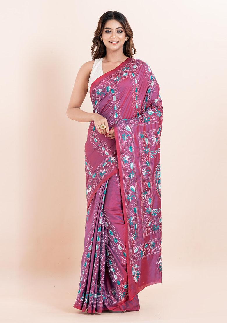 Multicolour Kantha Work Blended Silk Saree Set