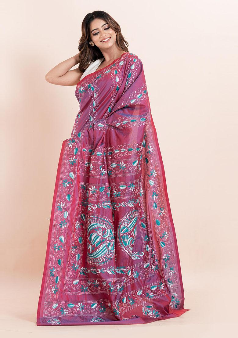 Multicolour Kantha Work Blended Silk Saree Set