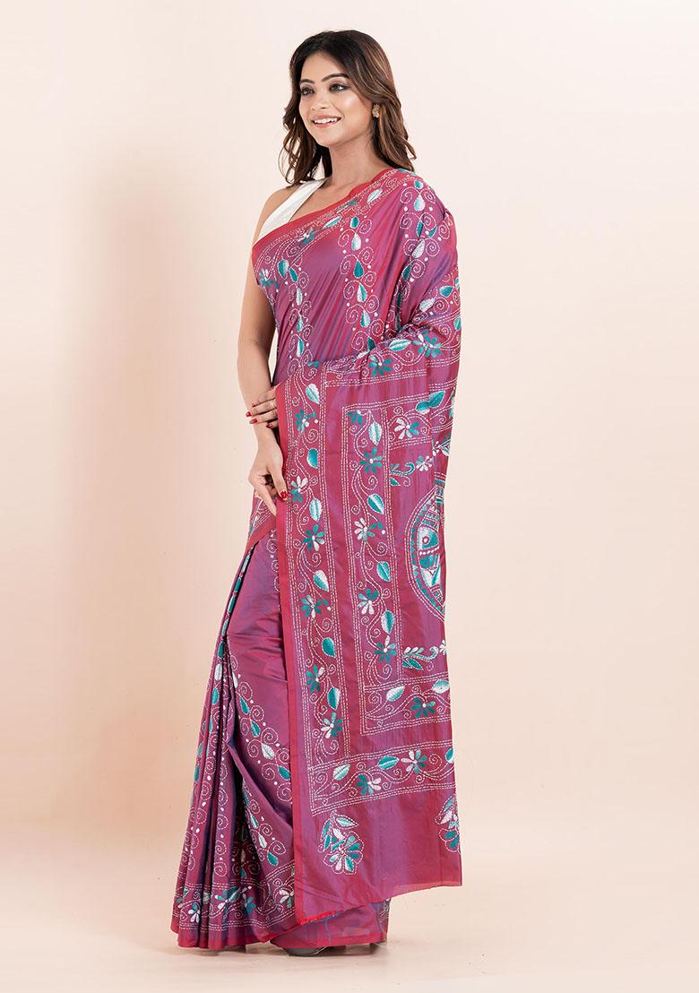 Multicolour Kantha Work Blended Silk Saree Set