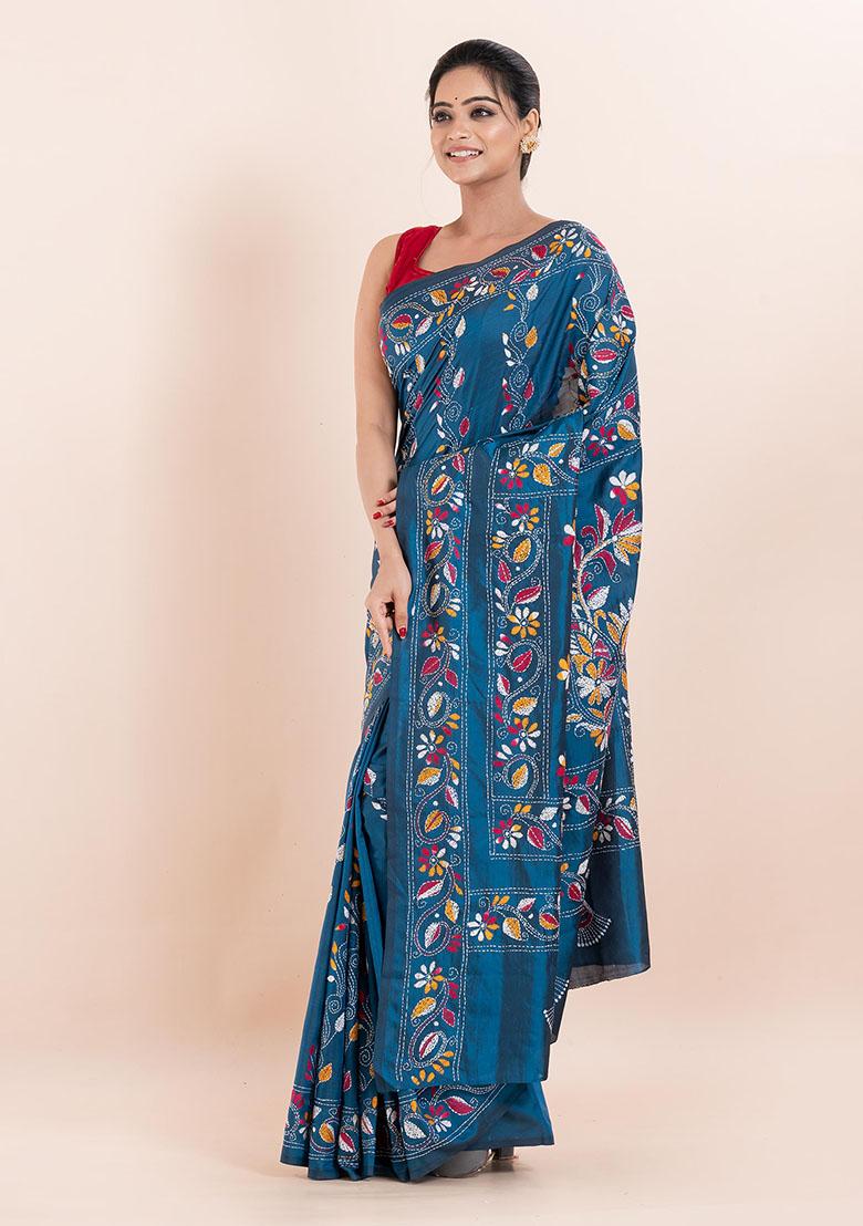 Teal Blue Kantha Work Blended Silk Saree Set