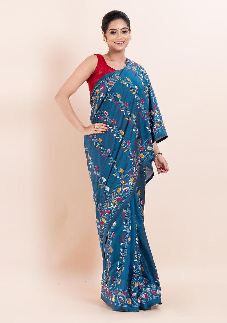 Teal Blue Kantha Work Blended Silk Saree Set
