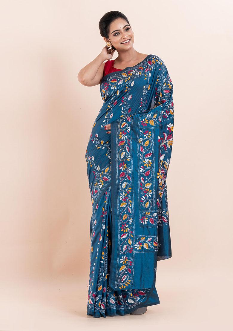 Teal Blue Kantha Work Blended Silk Saree Set